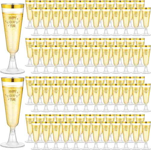 Zhehao 100 copas de champán de plástico doradas a granel para fiesta de Año Nuevo 2026, 5 onzas, copa de vino desechable, borde dorado, copas de