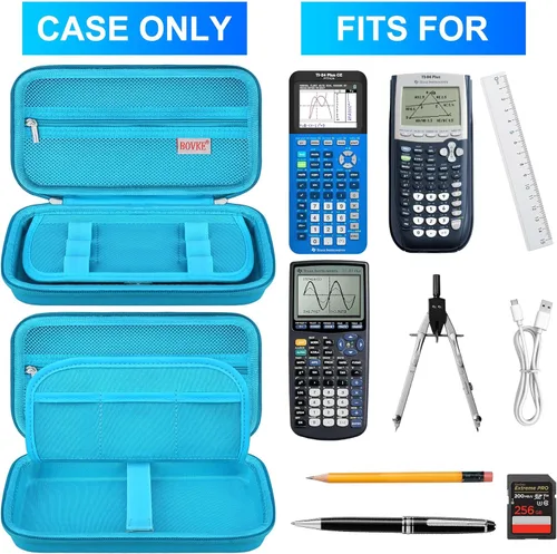 Vista 2 de BOVKE Funda rígida para calculadora de colores Texas Instruments TI-84 Plus CE, TI-84 Plus/TI-83 Plus CE, bolsillo con cremallera adicional para Azul