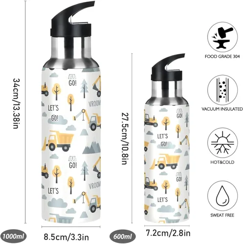 Vista 2 de Construction Vehicles Insulated Water Bottle 20 Oz Leakproof Water Bottles, BPA-Free Sport Water Bottle