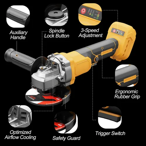 Vista 9 de Amoladora angular inalámbrica, amoladora eléctrica sin escobillas de 4-1/2 pulgadas, compatible con batería DeWalt de 20 V MAX, 3 velocidades, 7000