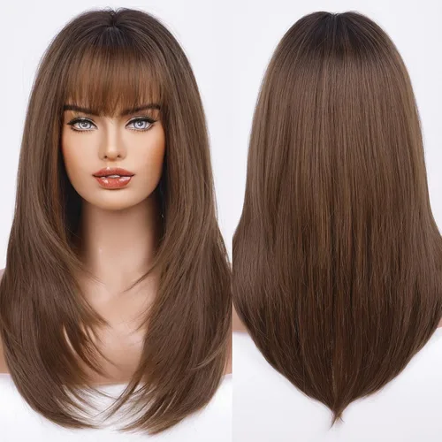 Vista 18 de HAIRCUBE Pelucas de cabello sintético con flequillo color marrón ombré para mujer, largas, onduladas, en capas, resistentes al calor, para uso