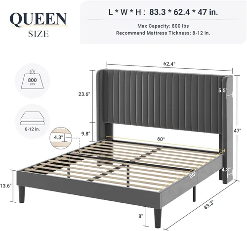 Vista 89 de Allewie Marco de cama de terciopelo tamaño Queen, cabecera capitonada con canal vertical, plataforma tapizada, listones de madera fuertes, no Blanco