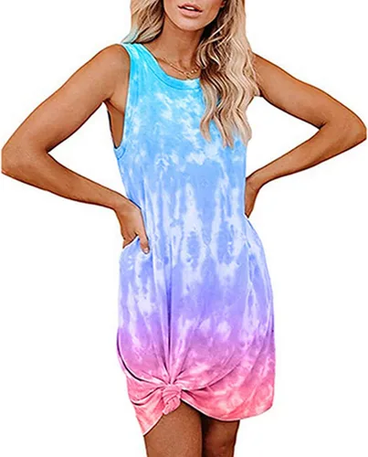 SCEINRET Vestido sin mangas para mujer, con estampado floral y cuello redondo, sin mangas, mini vestidos