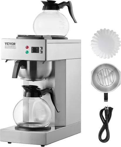 VEVOR Cafetera de goteo comercial de 12 tazas, cafetera con 2 jarras de vidrio y 2 platos calentadores, cafetera de acero inoxidable para