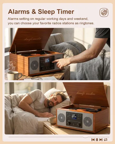 Vista 8 de Tocadiscos Bluetooth retro 10 en 1 con altavoces estéreo, tocadiscos de vinilo de 3 velocidades, reproductor de CD, reproducción y grabación USB/SD