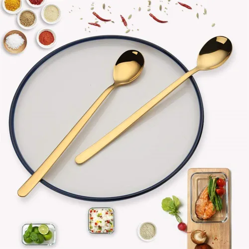 Vista 2 de Cuchara de té helado de mango largo de 7.7 pulgadas, cucharas de café de acero inoxidable, cuchara de helado de colores (paquete de 6, dorado)