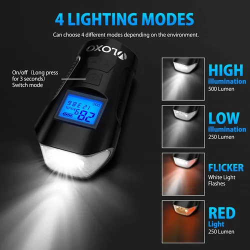 Vista 2 de VLOXO Velocímetro de bicicleta con juego de luces de bicicleta, IP65 impermeable cuentakilómetros de bicicleta con cuerno LED delantera y trasera