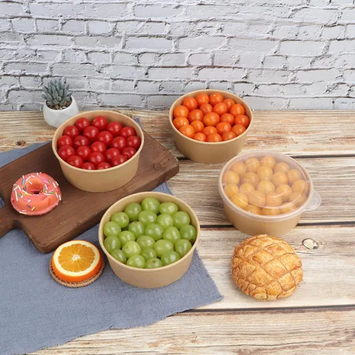 Vista 4 de Cuencos desechables de papel kraft de 25 onzas con tapas, recipientes de alimentos, cuencos de sopa, suministros de fiesta, cuencos de golosinas