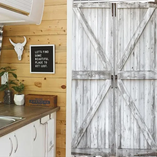 Vista 2 de JAWO Cortina de ducha rústica para puerta de granero, estilo occidental, para baño, tablero de madera marrón, tela impermeable de poliéster