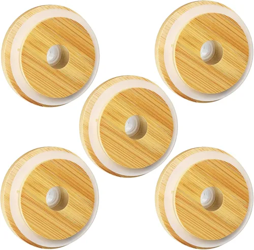 Vista 10 de Tapas de bambú para vasos de vidrio, tapas de madera para latas de cerveza de 16 oz con agujero para pajilla, cubierta de repuesto para tarros Mason