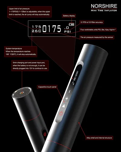 Vista 4 de Inflador Norshire de neumáticos, compresor de aire portátil, mini bomba de aire eléctrica para bicicleta, automóvil, globo de 2,000 mAh con 90 %