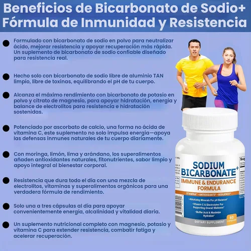 Vista 3 de Fórmula de bicarbonato de sodio + inmune y resistencia con bicarbonato de sodio sin aluminio, potasio, magnesio, VIT C y superalimentos. Cápsulas