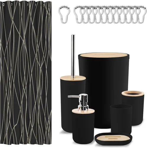 Vista 9 de Britimes juego de accesorios de baño, juego de cortinas de ducha boho con cubo de basura, dispensador de jabón, soporte para escobilla de inodoro