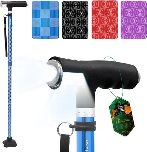 Vista 10 de Bastón para caminar BeneCane para mujeres, bastón plegable para hombres con dos luces LED, bastón cuádruple con base estable, bastón de caminar