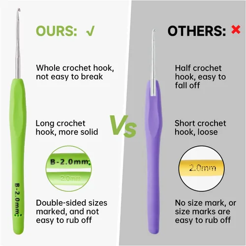 Vista 5 de INSCRAFT Juego de 67 piezas de ganchos de ganchillo, 13 piezas de 2 mm (B) - 10 mm (N) mangos ergonómicos de agarre suave para tejer con agujas