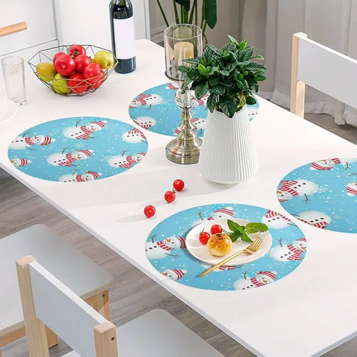 Vista 6 de Playful Snowmen Blue Table Placemat, Washable Place Mat Heat Resistant for Kitchen one sizex1