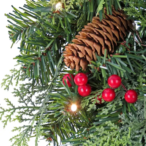 Vista 3 de National Tree Company First Traditions - Corona de Navidad preiluminada y dos guirnaldas con bayas y piñas, luces LED blancas cálidas, 9 pies
