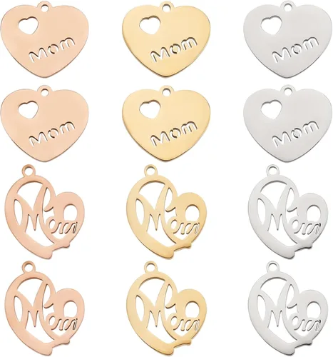 PH PandaHall 12 dijes de corazón con mamá, 2 estilos de acero inoxidable de larga duración, cuentas de corazón de metal para bricolaje, collares