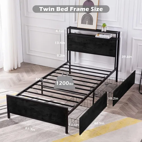 Vista 7 de GAZHOME Base de cama de tamaño individual con 2 cajones de almacenamiento, base de cama de plataforma con cabecera de almacenamiento, soporte