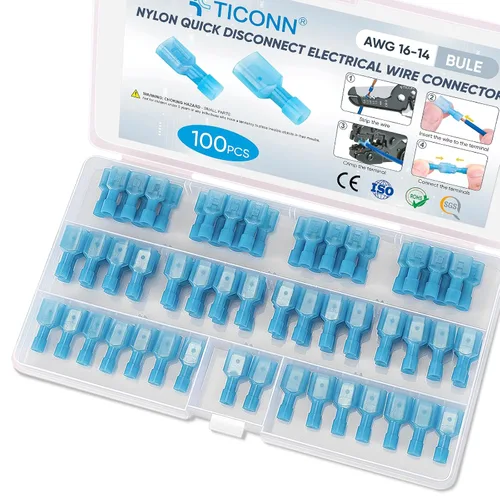 TICONN 100 Pcs Nylon Spade Quick Disconnect Connectors Kit, Electrical Insulated Terminals, Male and Female Spade Wire Crimp Terminal Assortment Kit