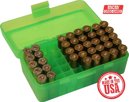 Vista 2 de MTM Caja de munición P50-38-16 50 Round Flip-Top Compatible con 38/357 Cal Hecho de polipropileno Apilable, cierre de cierre a presión Verde