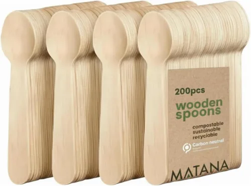 Vista 9 de MATANA Juego de 200 cubiertos de madera desechables 100% naturales (50 tenedores, 50 cuchillos, 50 cucharas, 50 cucharas de postre) cubiertos