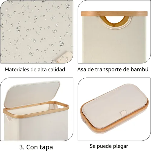 Vista 2 de Cesta de lavandería delgada, cesta estrecha con tapa, cesta de 60 litros para lavandería, cesta de tela sucia con mango de bambú para juguetes, Beige