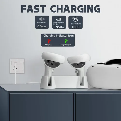 Vista 2 de Base de carga para controladores Oculus Quest 2, estación de carga VR para Oculus Quest 2 controladores, estación de carga rápida con cable de carga