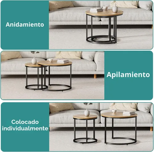 Vista 5 de Smuxee - Juego de 2 mesas de café anidadas, mesa redonda de café de 23.6" de madera marrón con pies antideslizantes ajustables, mesa auxiliar