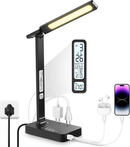 Vista 9 de Infiway Lámparas LED de escritorio para oficina en casa: lámpara de escritorio con puerto de carga USB - 1 USB-A, 1 puerto tipo C, 2 tomas de Blanco