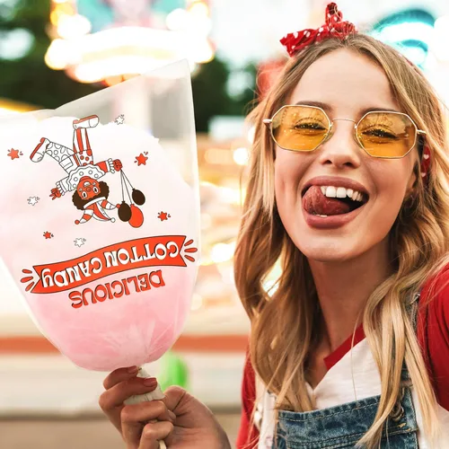 Vista 6 de Geyee 500 bolsas de algodón de azúcar con lazos, bolsas grandes de algodón transparente con estampado, ideales para carnavales, fiestas de verano