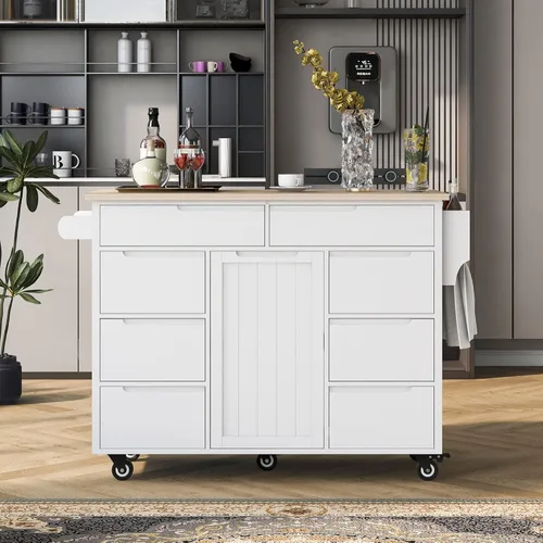 Vista 36 de LUMISOL Carrito de isla de cocina con ruedas de bloqueo con 2 cajones y 4 gabinetes, isla de cocina rodante con estantes ajustables, mesa de madera