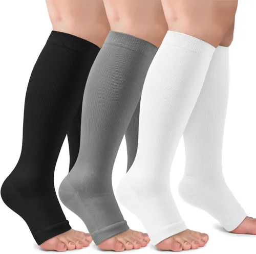 Paquete de 3 calcetines de compresión de cobre para mujeres y hombres, 20-30 mmHg con punta abierta hasta la rodilla, medias altas para soporte de