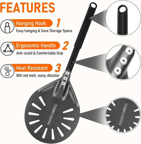 Vista 5 de Palas perforadas para pizza de 6 PULGADAS, pala espátula para pizza de mango largo, espátula de pizza de metal para interiores y exteriores