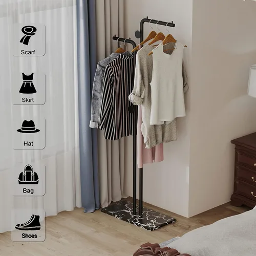 Vista 3 de HKaikzo Perchero de doble polo independiente, moderno perchero de metal con 5 ganchos y base de mármol natural, para dormitorio, oficina, pasillo