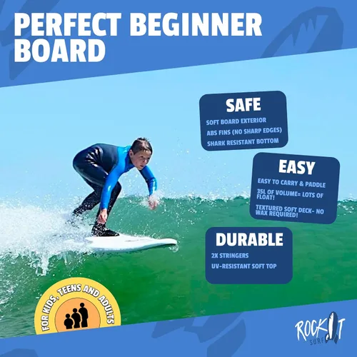 Vista 3 de Rock-It - Tabla de surf CHUB Soft Top de 4 pies y 10 pulgadas, para niños y mini, fácil de remar y maniobrable para principiantes Amarillo