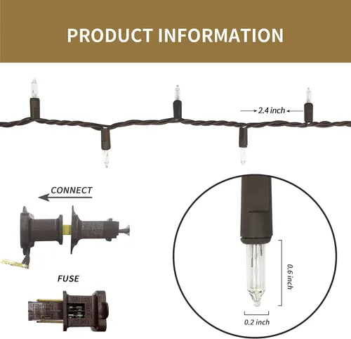 Vista 2 de Cadena de luces navideñas marrones con cable blanco, 100 mini bombillas incandescentes, impermeables, para interiores y exteriores, decoración