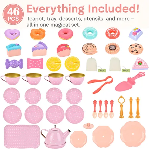 Vista 4 de Lajeje Juego de fiesta de té para niñas – Regalo de cumpleaños de princesa pequeña, juguetes de conejito para la hora del té con tetera, postres