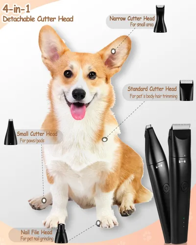 Vista 2 de Cortadora de perros 4 en 1, kit de cortadora de uñas recargable USB-C con dos velocidades, afeitadoras inalámbricas para perros y gatos para pelos