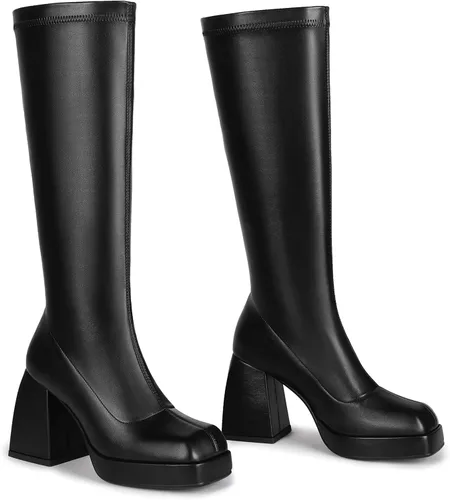 Vista 4 de DOBOYG Botas altas hasta la rodilla para mujer, botas de plataforma, tacón grueso de bloque elástico, punta cuadrada, botas altas de charol