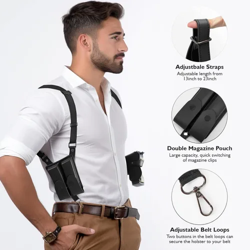 Vista 3 de Funda de hombro general vertical para pistola ajustable de cuero PU para transporte oculto con doble bolsillo para municiones - Compatible