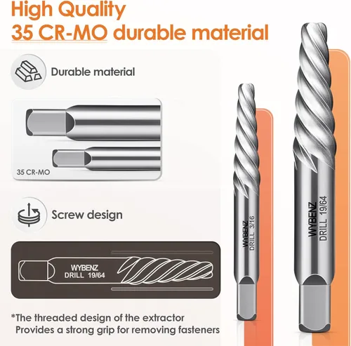 Vista 5 de Juego de 5 extractores de tornillos, juego de extractor de pernos de flauta en espiral, juego de extractor de pernos Cr-MO Easy Out para quitar