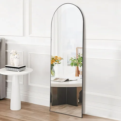 Vista 36 de DUMOS - Espejo de pie arqueado de cuerpo completo con soporte, marco de aluminio, para colgar o apoyar, nanocristal inastillable, para decorar