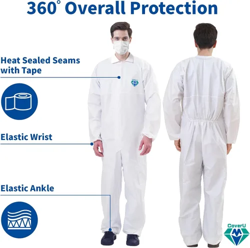 Vista 2 de Medtecs Trajes de materiales peligrosos desechables - con cuello - Tela aprobada AAMI Nivel 4 Overol para protección química de riesgo biológico L