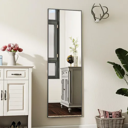 Vista 5 de Koonmi Espejo de piso de 56 x 21 pulgadas, de longitud completa, espejo de piso para dormitorio con soporte, espejo negro grande, inclinado, de pie