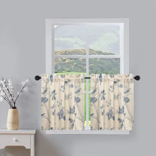 Vista 15 de Leeva Elegantes cortinas azules con pájaros en capas para sala de estar, cortinas de media ventana con textura de lino, bolsillo para barra