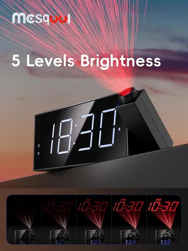 Vista 5 de Mesqool Relojes de alarma con proyector digital para dormitorio de niños, reloj enchufable con proyección de 180° en techo y pared, alarmas duales