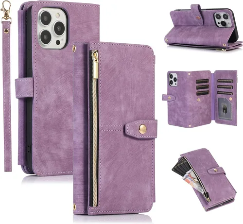 Vista 26 de UEEBAI Funda tipo cartera para iPhone 12 Mini de 5.4 pulgadas, retro 9 ranuras para tarjetero, bolsillo con cremallera, cierre magnético, función
