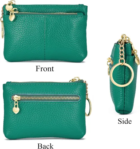 Vista 3 de Monedero de piel auténtica con cierre de cremallera y llavero, para mujer, con llavero, tarjetero con cierre