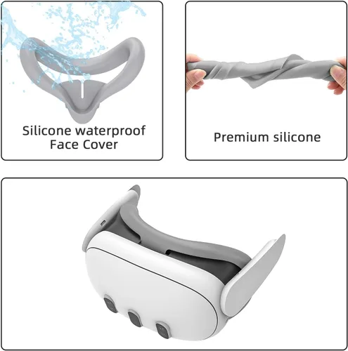 Vista 3 de Relohas Deluxe VR Accessories for Meta Quest 3, Safe 2 in 1 Silicone Case Set for Oculus Quest 3, Include Upgraded Lens Protector, Face Cover (Grey)